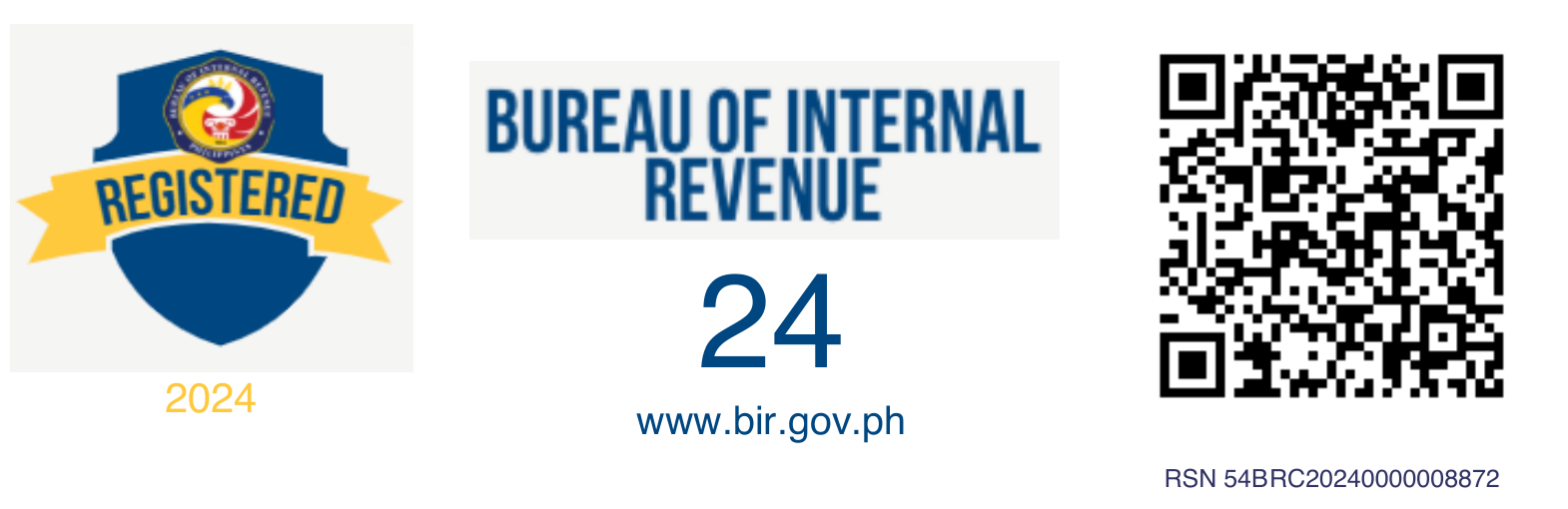 BIR Registration Seal Badge for 2024, with the Bureau of Internal Revenue verification QR code. Scan the code to verify the registration.